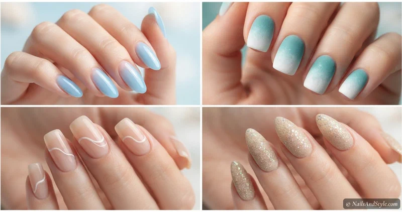 Collage of easy DIY beach nail designs in soft blues, sandy nudes, and coral pinks