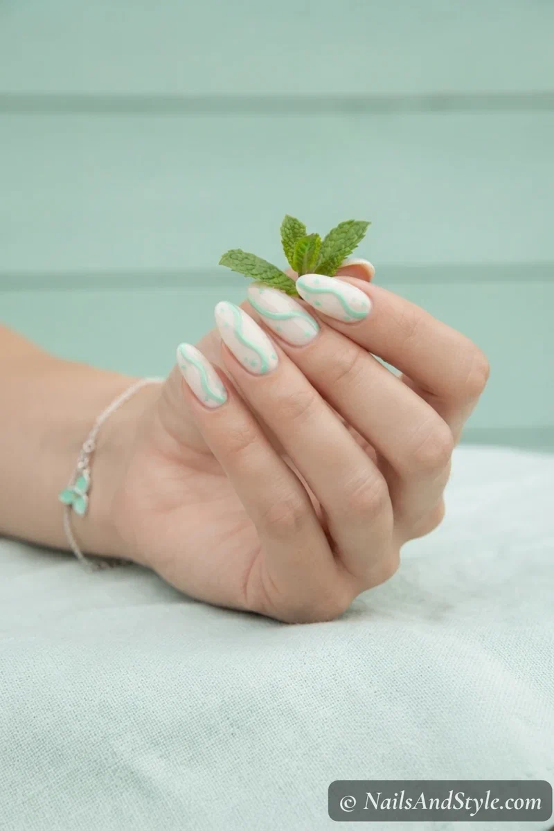 White nails with mint green wave and dot pattern
