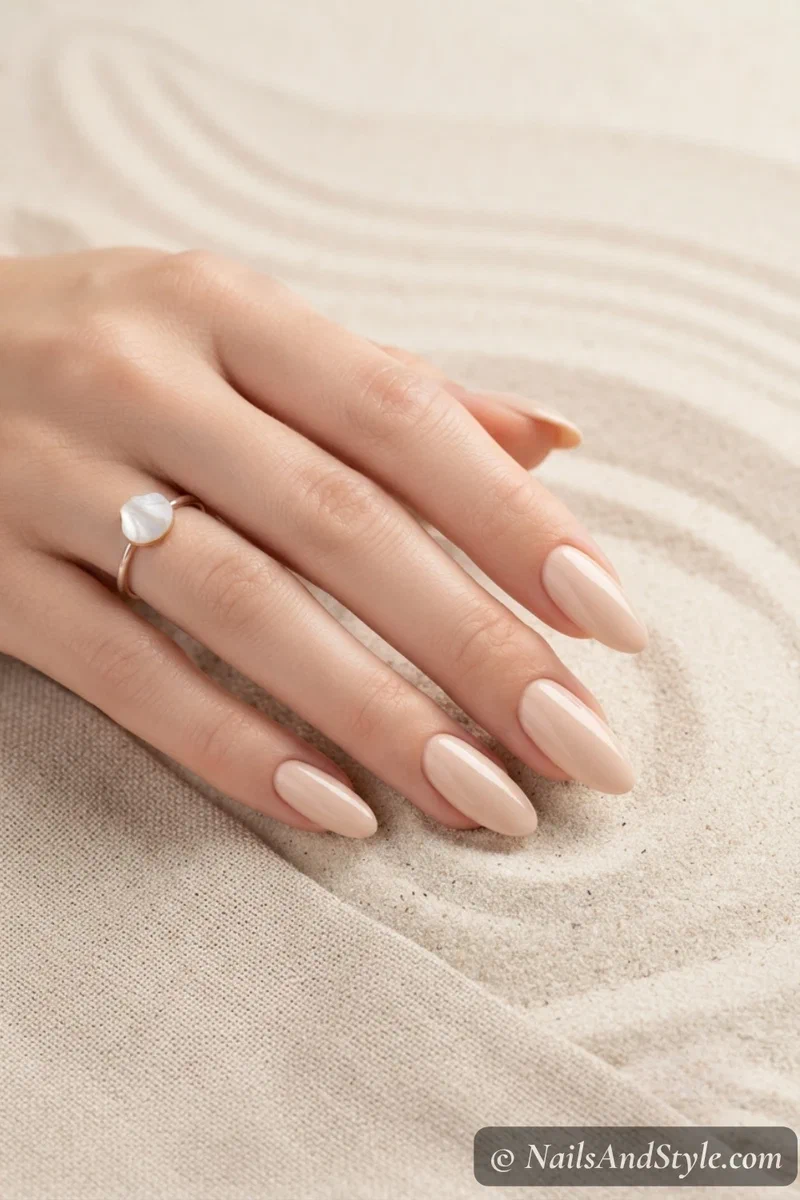 Sandy beige cream nude nails on natural short nails