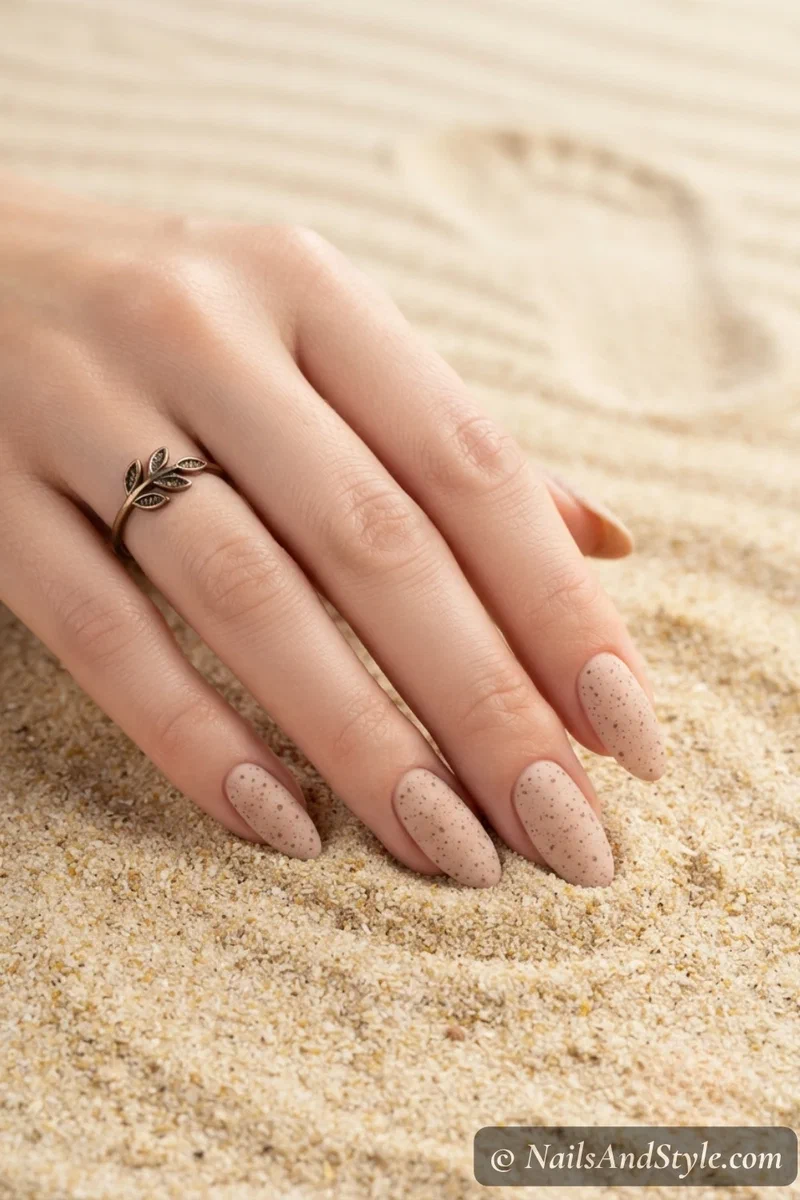 Beige nails with darker brown sand-like dots and matte finish