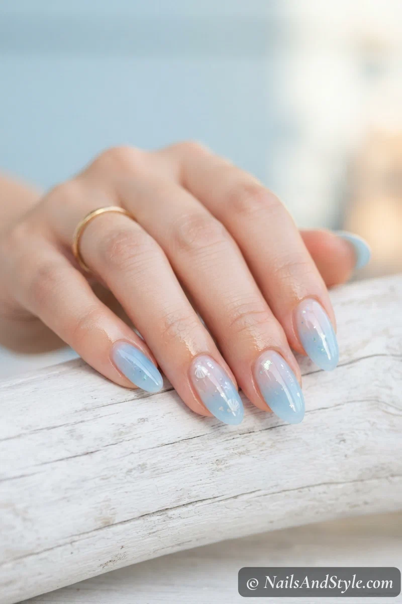 Sheer sky blue jelly nails on short almond shape