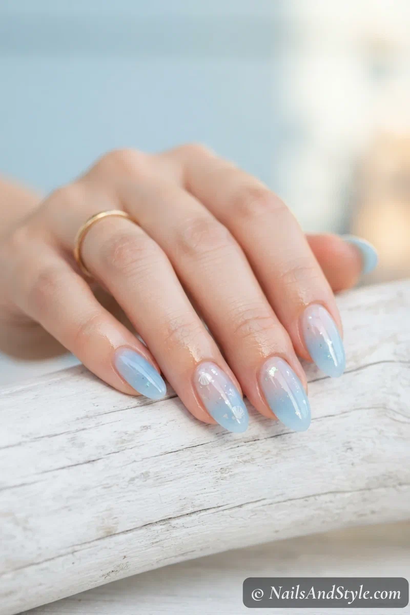 Sheer sky blue jelly nails on short almond shape
