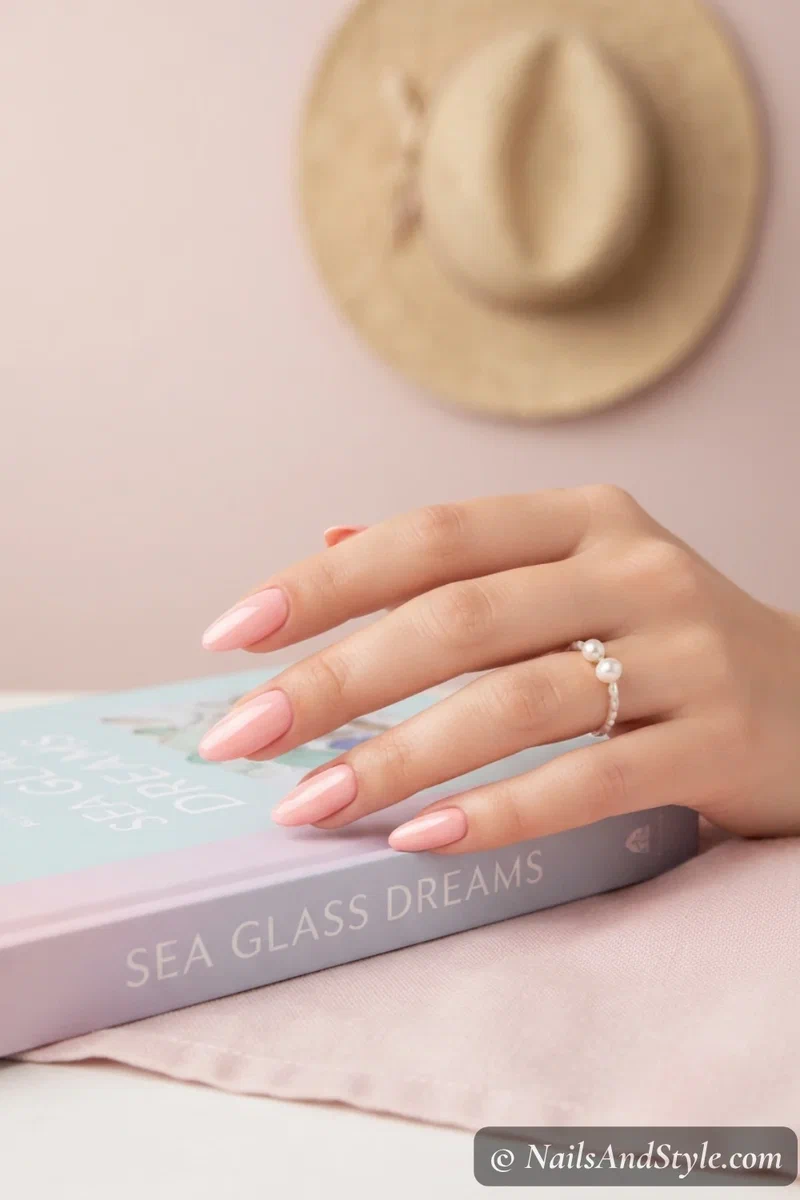 Soft creamy pink coral nails on short nails