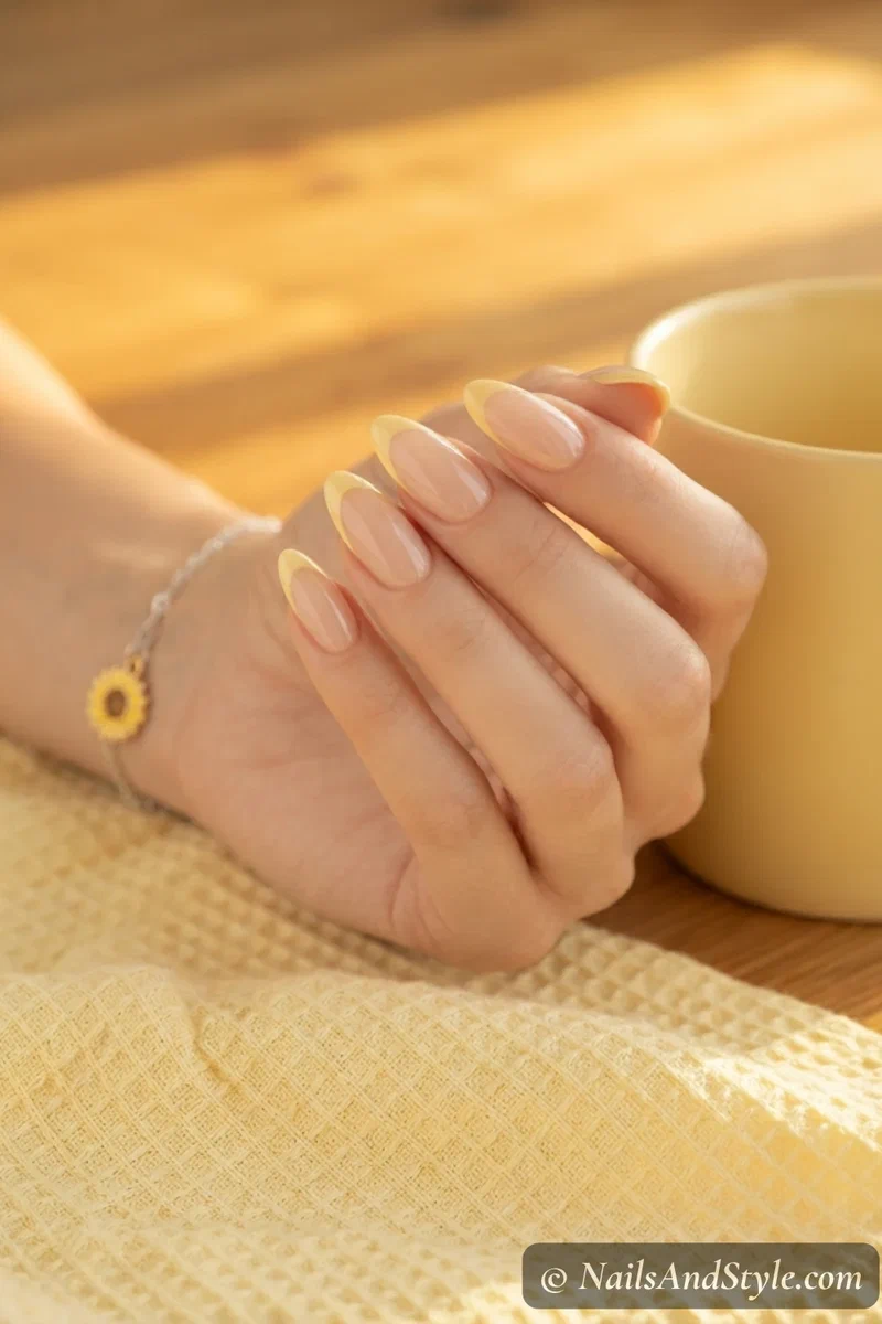 Sheer nude nails with butter yellow French tips
