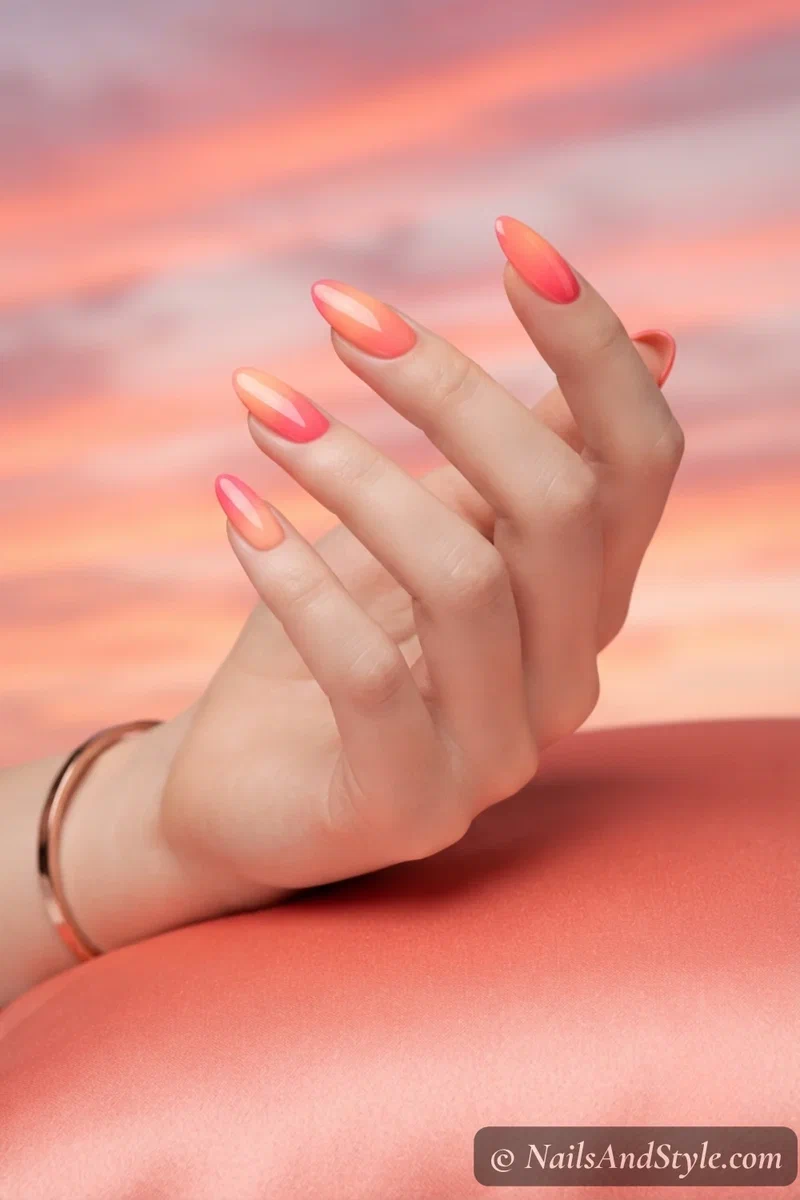 Peach to coral sunset gradient nails