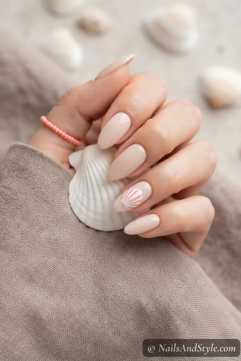 Nude nails with tiny white and coral seashell accent