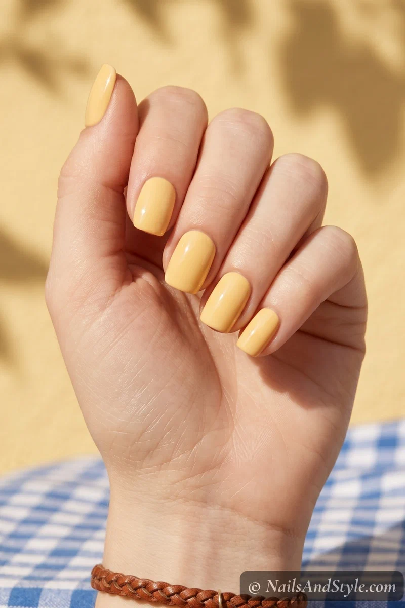 Short squoval acrylic nails in butter yellow with glossy finish