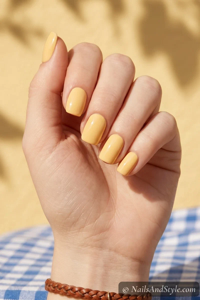 Short squoval acrylic nails in butter yellow with glossy finish