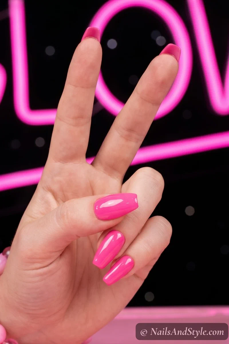 Short coffin acrylic nails in candy pink with glossy finish
