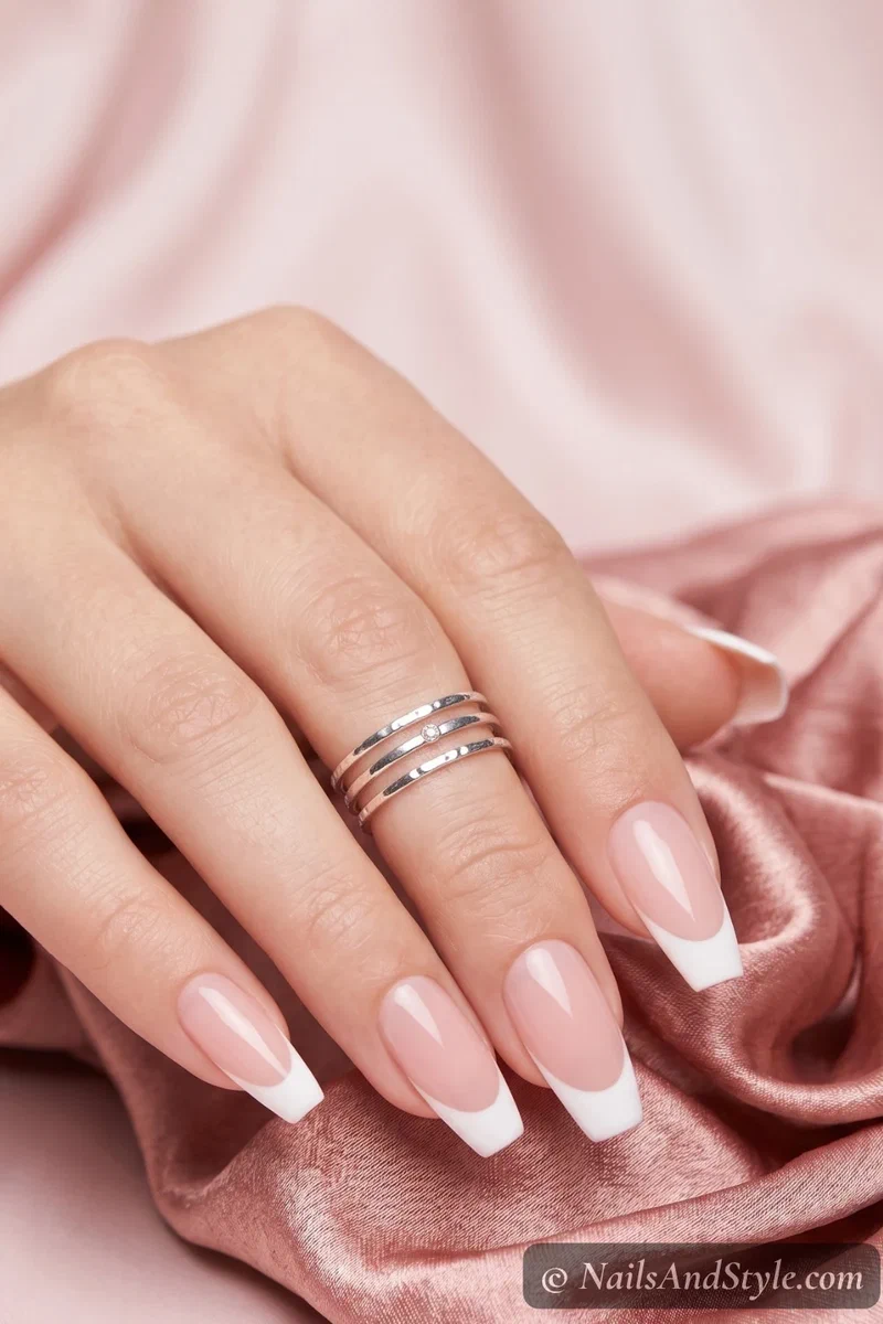 Classic French tip coffin acrylic nails with white tips and sheer pink base