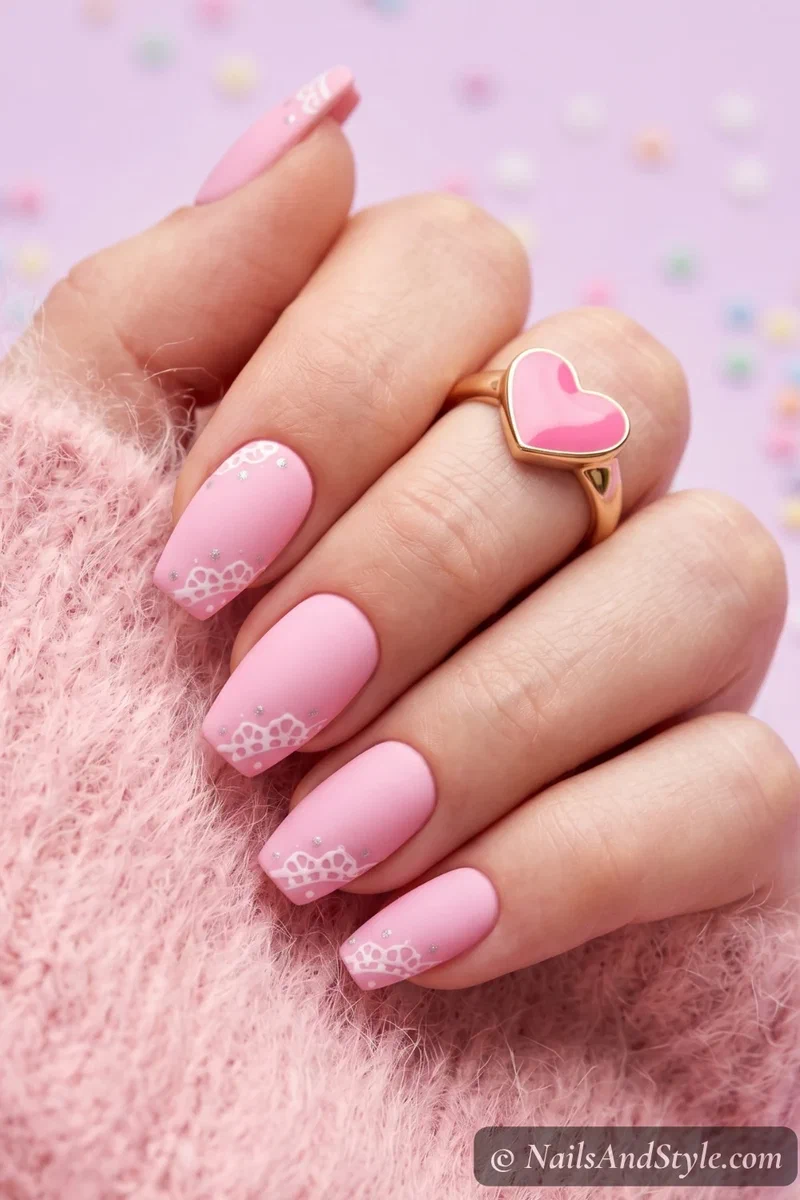 Short coffin pastel pink acrylic nails with matte finish