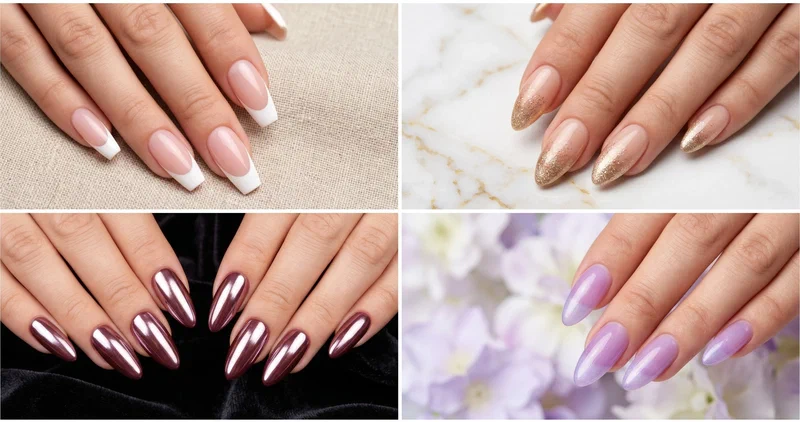 Collage of four acrylic nail designs including classic french coffin, glitter ombre tips, chrome almond, and lavender jelly acrylics