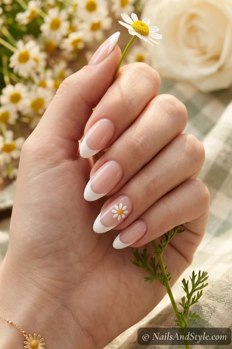 French tip acrylic nails with small daisy accent on ring finger