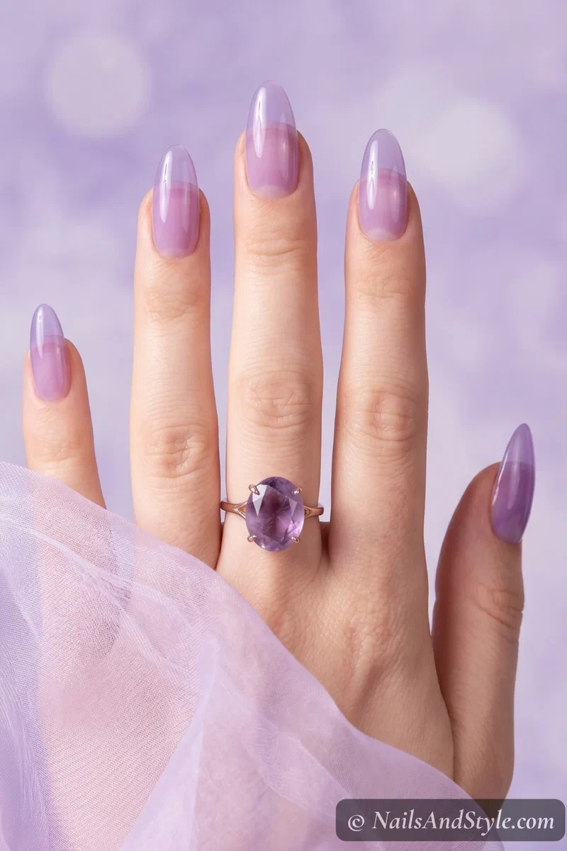 Translucent lavender jelly almond acrylic nails with glossy finish