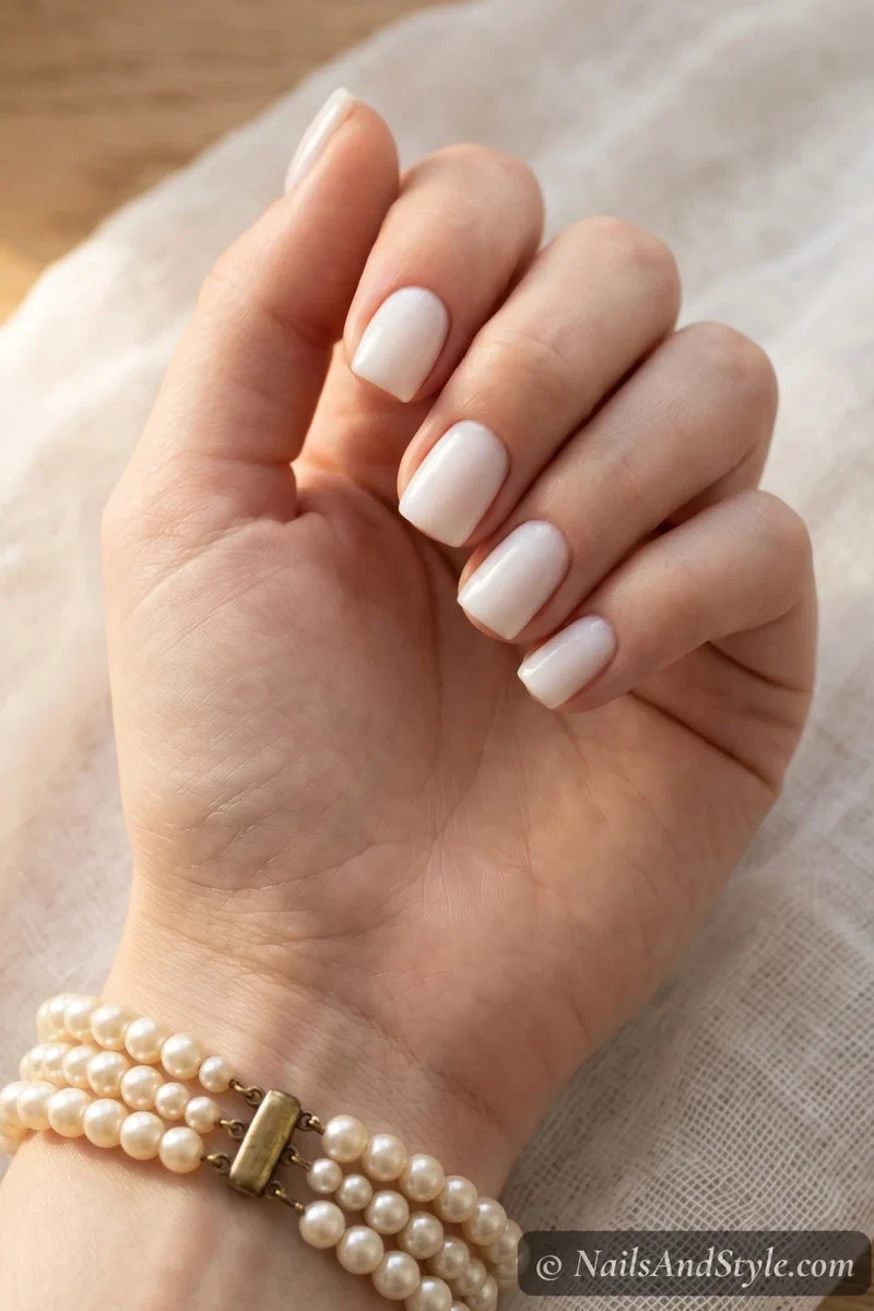 Milky white short squoval acrylic nails with glossy finish