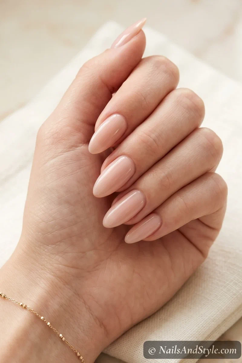 Nude almond acrylic nails with glossy finish on medium length nails