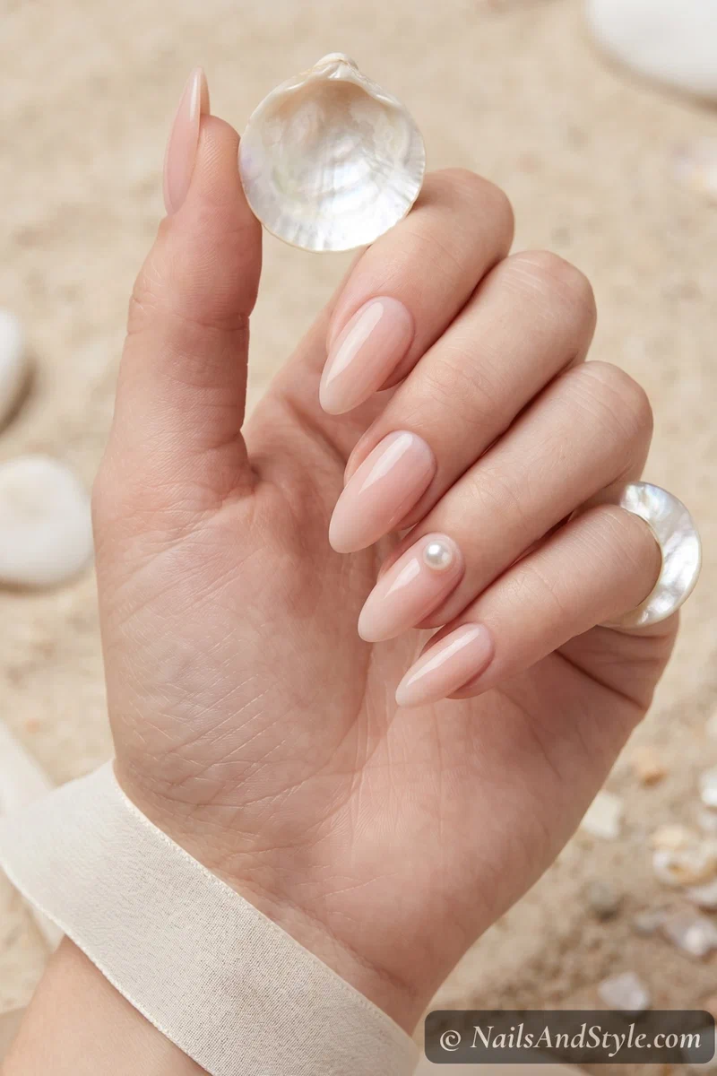 Nude acrylic nails with small pearl accents on ring fingers