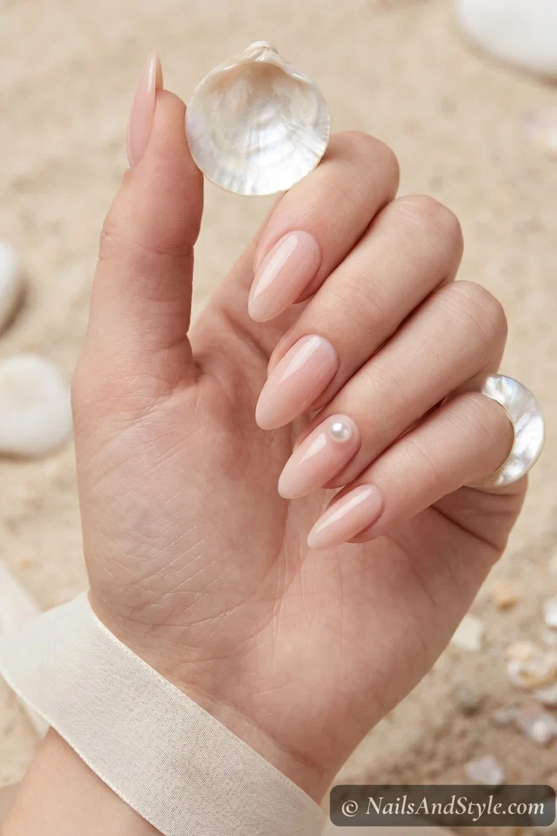 Nude acrylic nails with small pearl accents on ring fingers