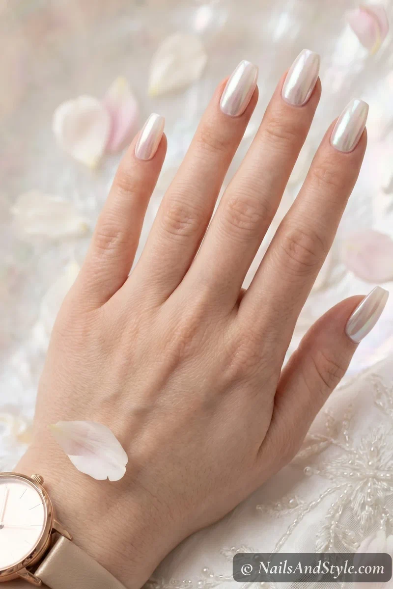 White acrylic coffin nails with pearl chrome iridescent finish