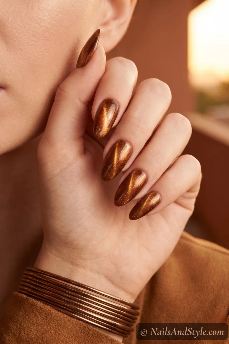 Bronze cat eye nails with warm golden-brown shimmer line