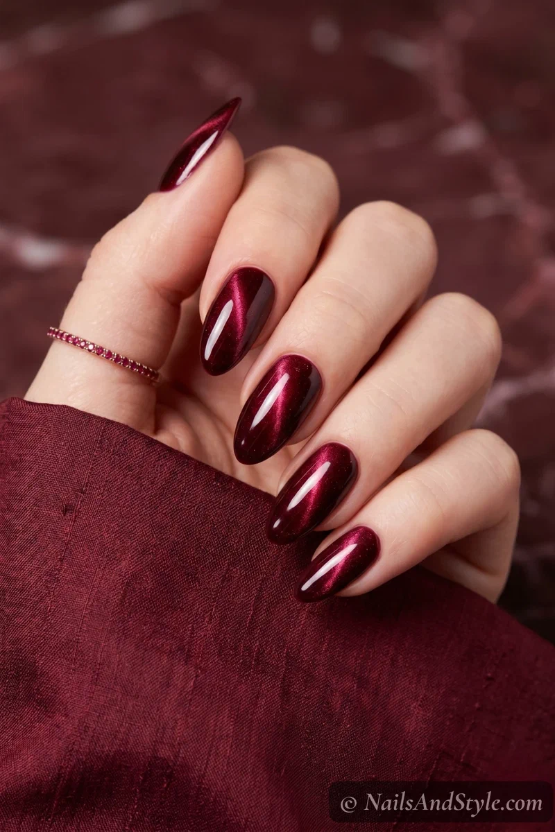 Burgundy cat eye nails with vertical ruby shimmer line