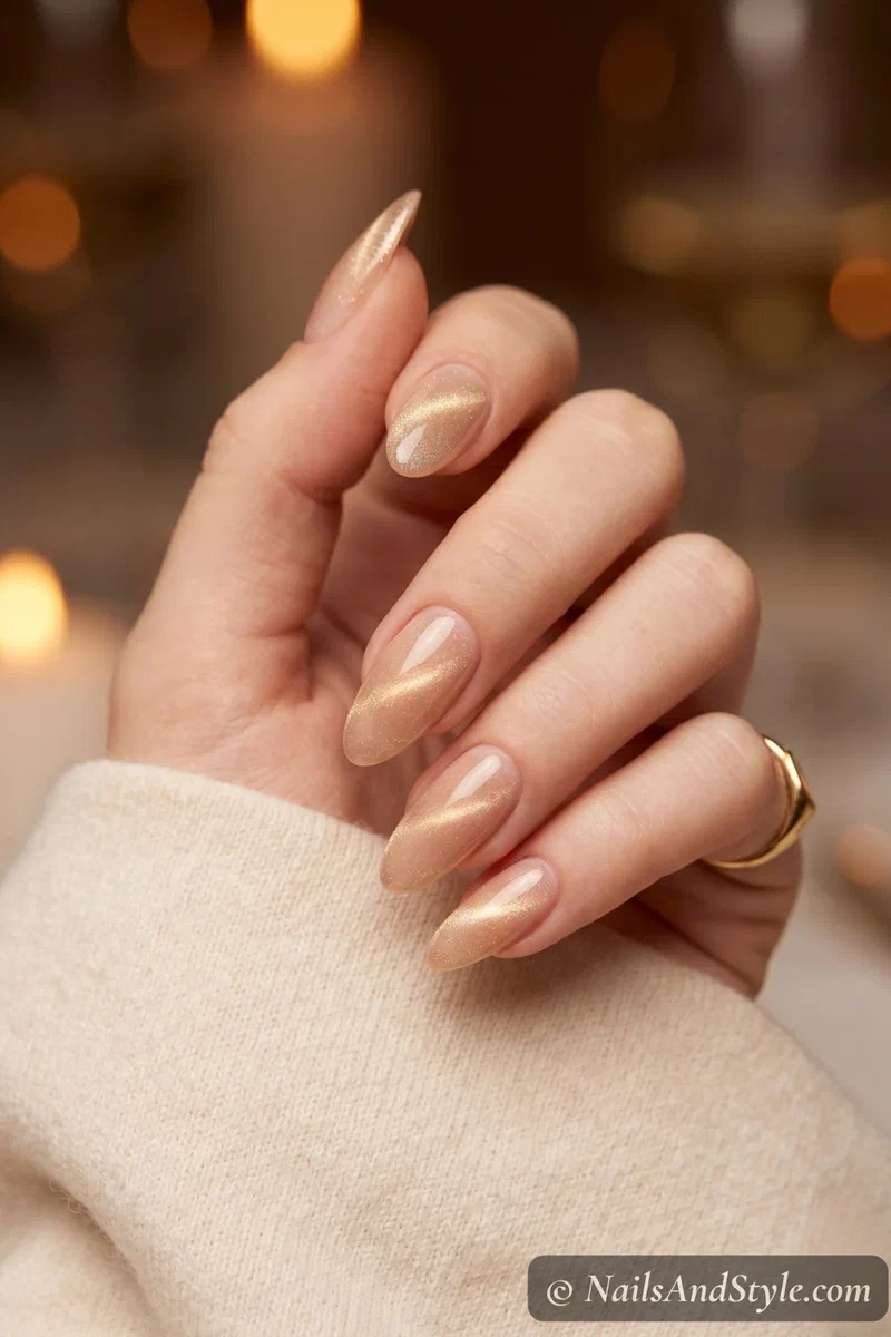Champagne cat eye nails with warm golden shimmer on nude base