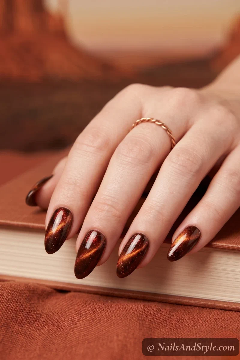 Copper cat eye nails with reddish-gold curved shimmer