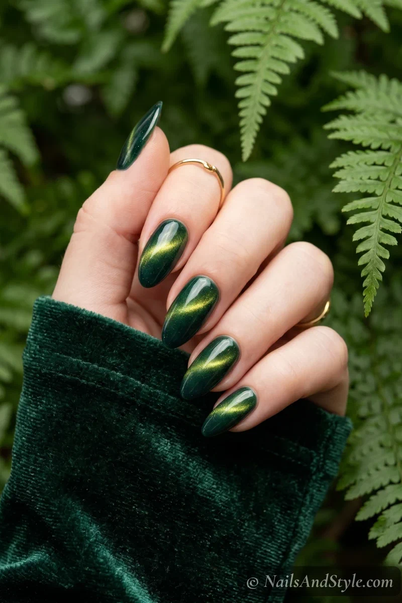 Deep emerald green cat eye nails with golden shimmer flash