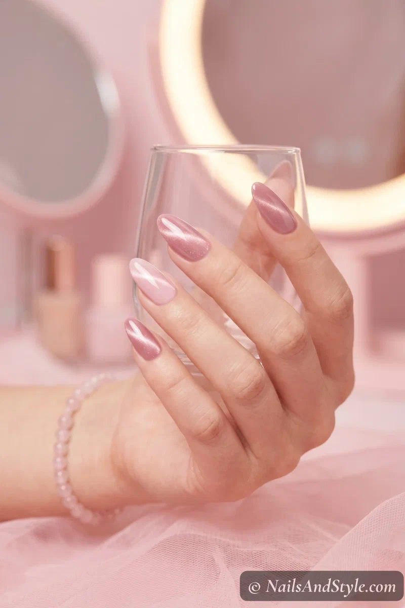 Dusty pink cat eye nails with subtle rose shimmer