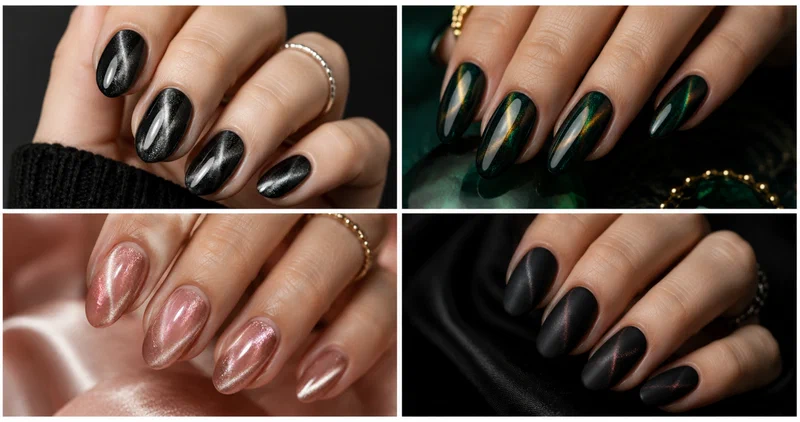 Collage of four cat eye nail designs including classic silver, emerald green, rose gold, and velvet black magnetic nails