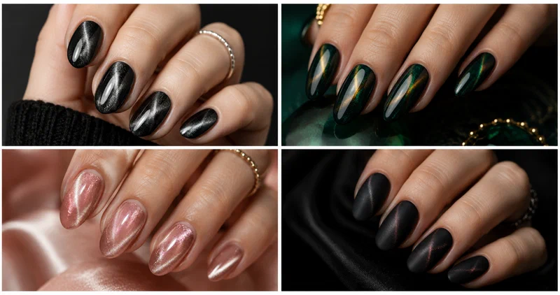 Collage of four cat eye nail designs including classic silver, emerald green, rose gold, and velvet black magnetic nails