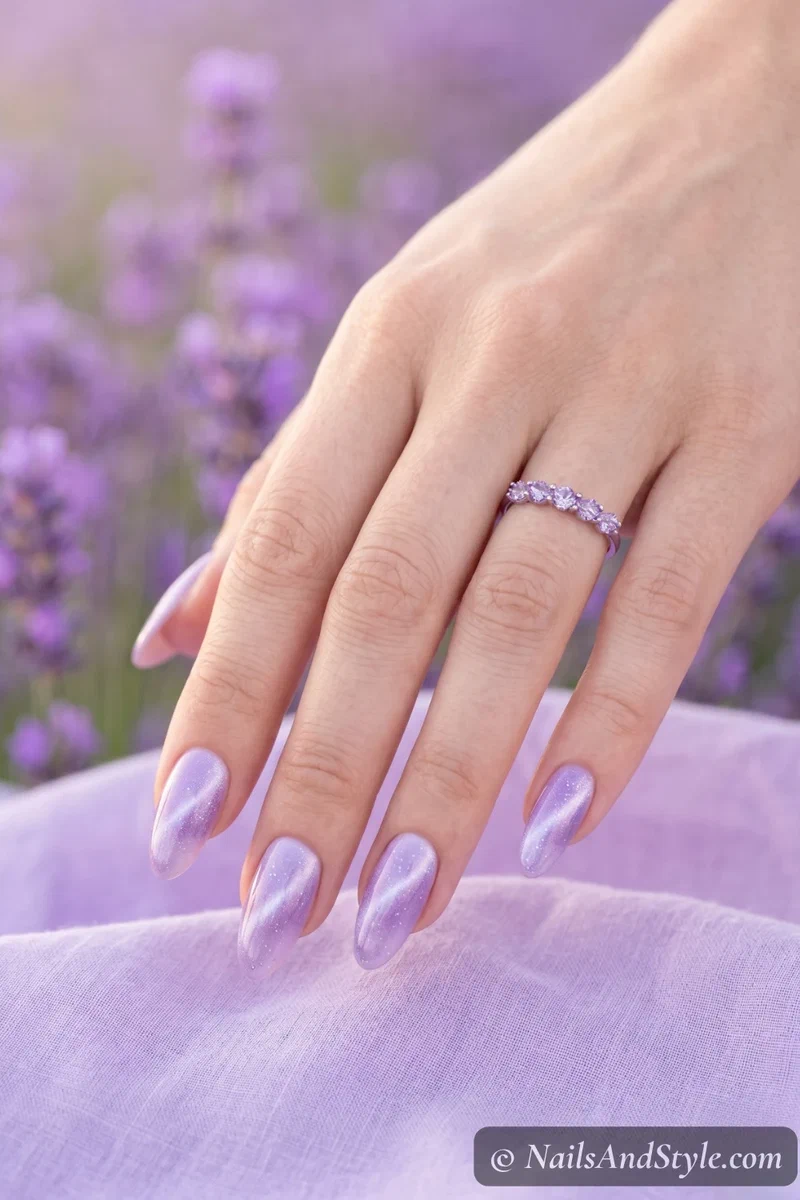 Lavender cat eye nails with violet shimmer on pale lilac base