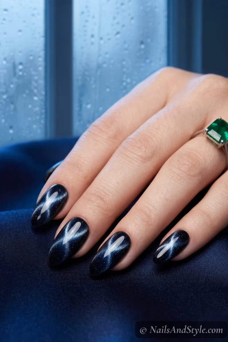 Midnight blue cat eye nails with curved shimmer line