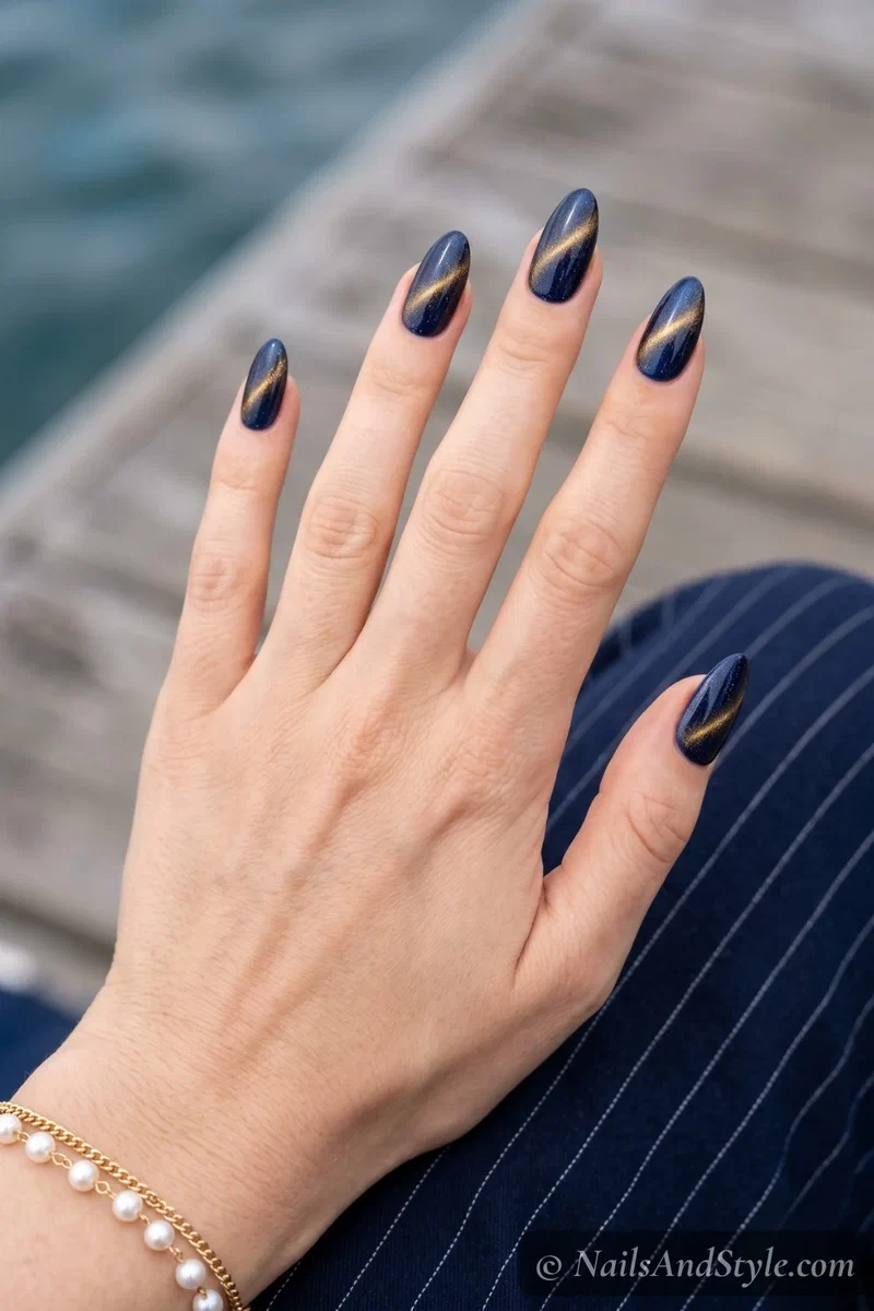Navy blue cat eye nails with gold shimmer flash