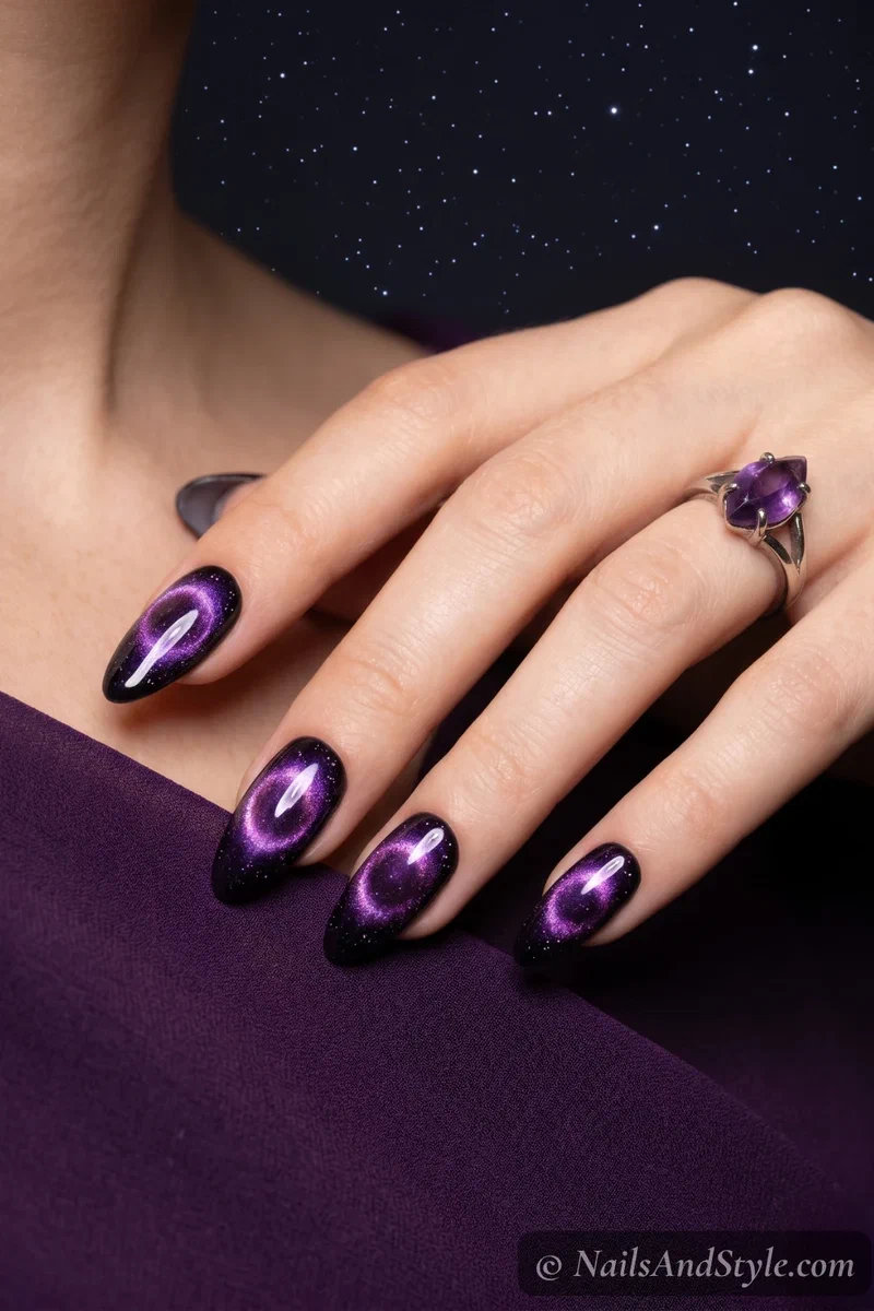 Purple galaxy cat eye nails with circular halo shimmer effect