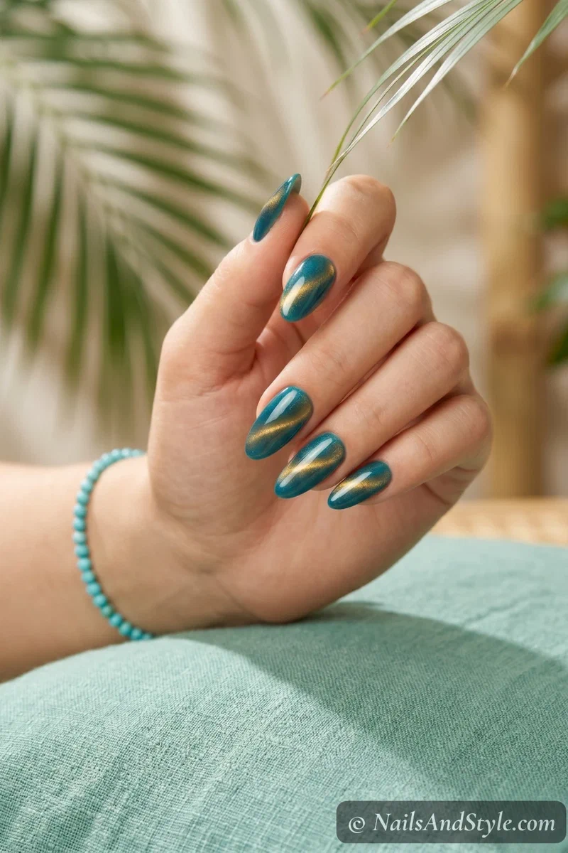 Teal cat eye nails with green-gold shimmer effect