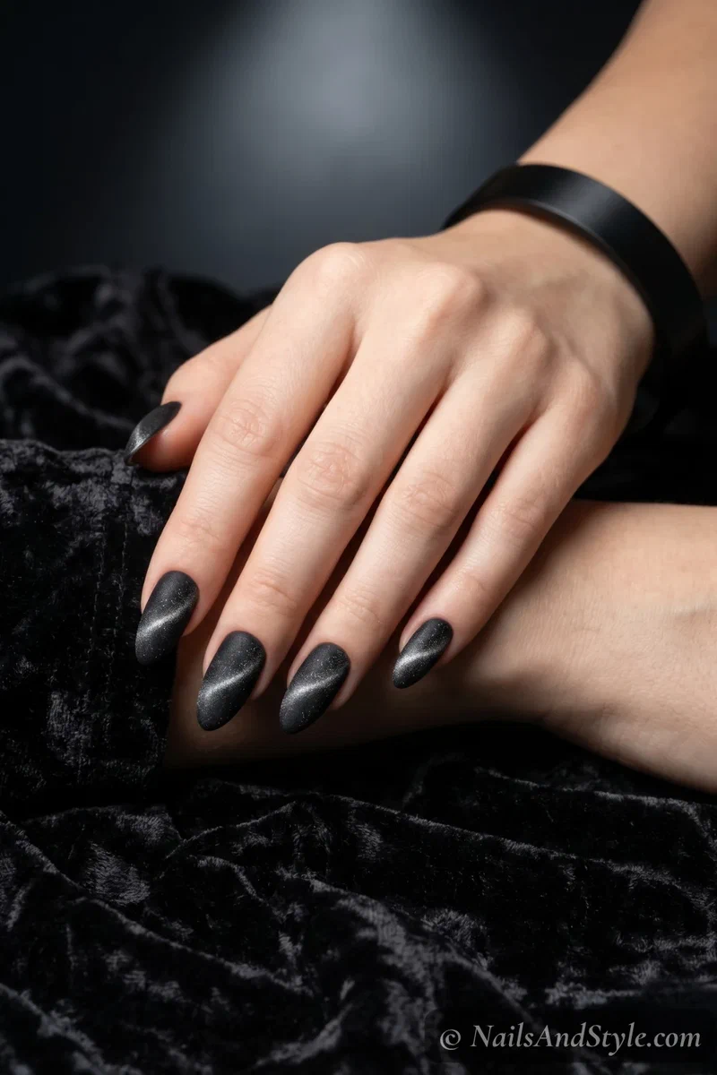 Velvet matte black cat eye nails with subtle shimmer line