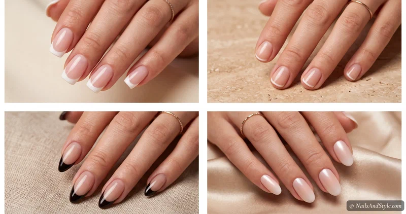 Four French tip nail looks in a grid — a classic white tip, a soft nude ombre gradient, a thin colored micro tip, and a delicate French on short nails