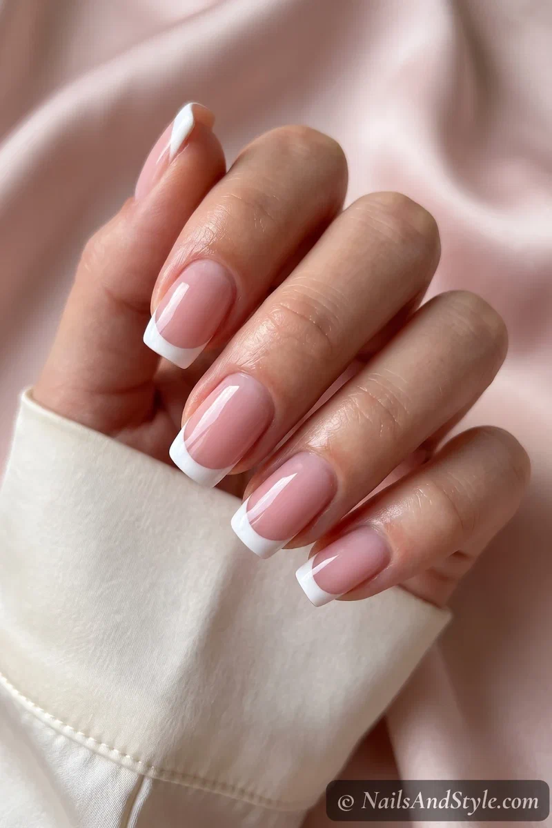 Classic white French tip nails with a crisp curved smile line over a sheer pink base, glossy finish