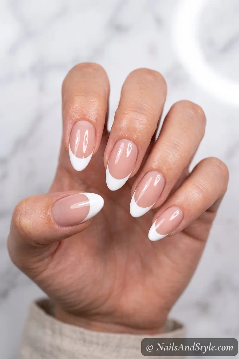 Freehand white French tip nails with a sharp hand-painted smile line on almond nails, high-gloss finish