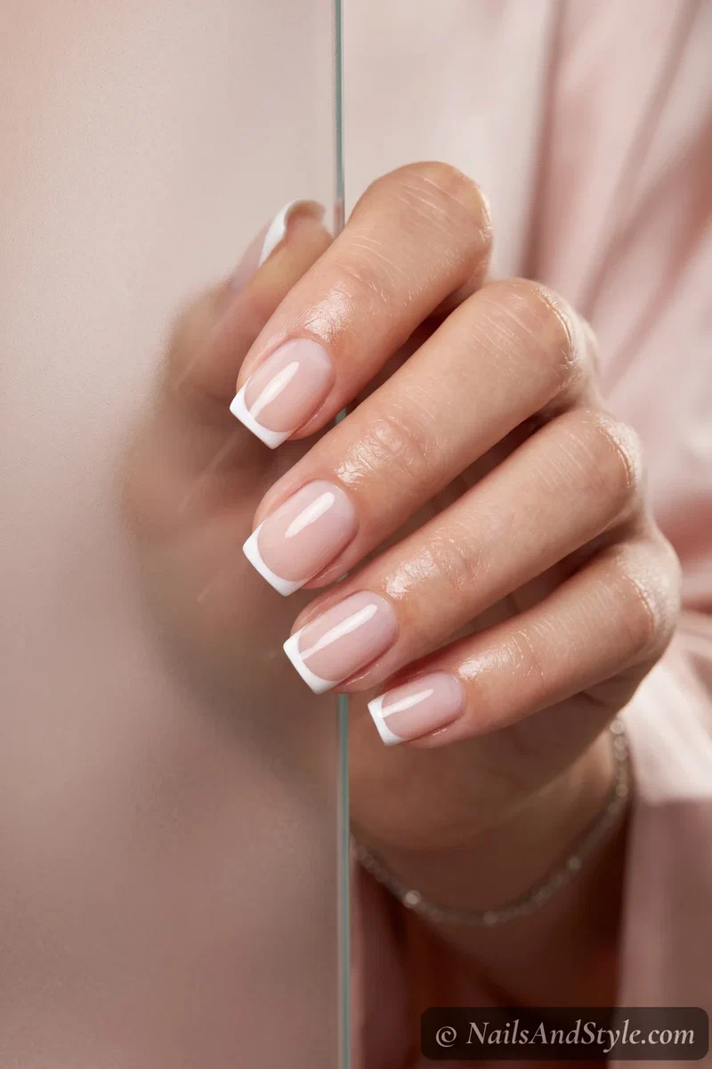 Even micro French tip nails made with a jelly stamper, thin white curved tips on squoval nails, glossy finish