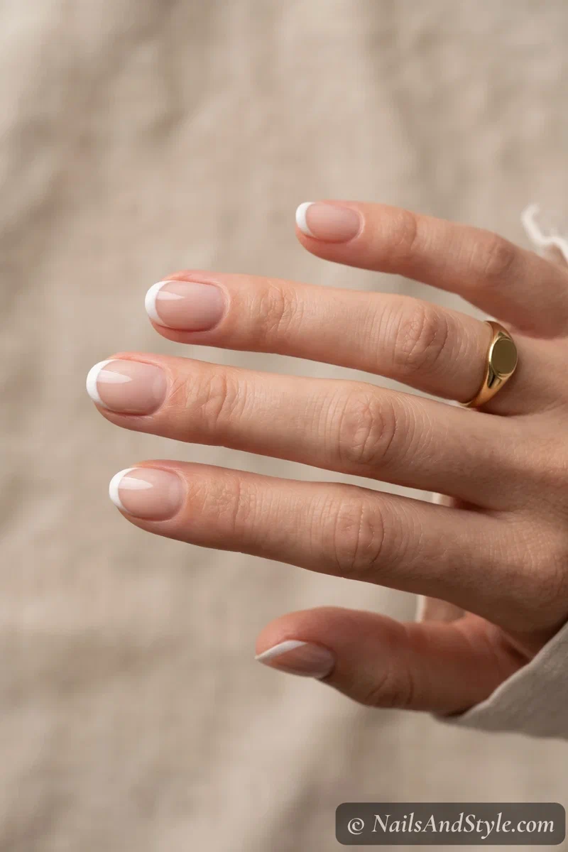 Simple everyday French tip nails done with regular white polish, natural short-to-medium nails, soft glossy finish