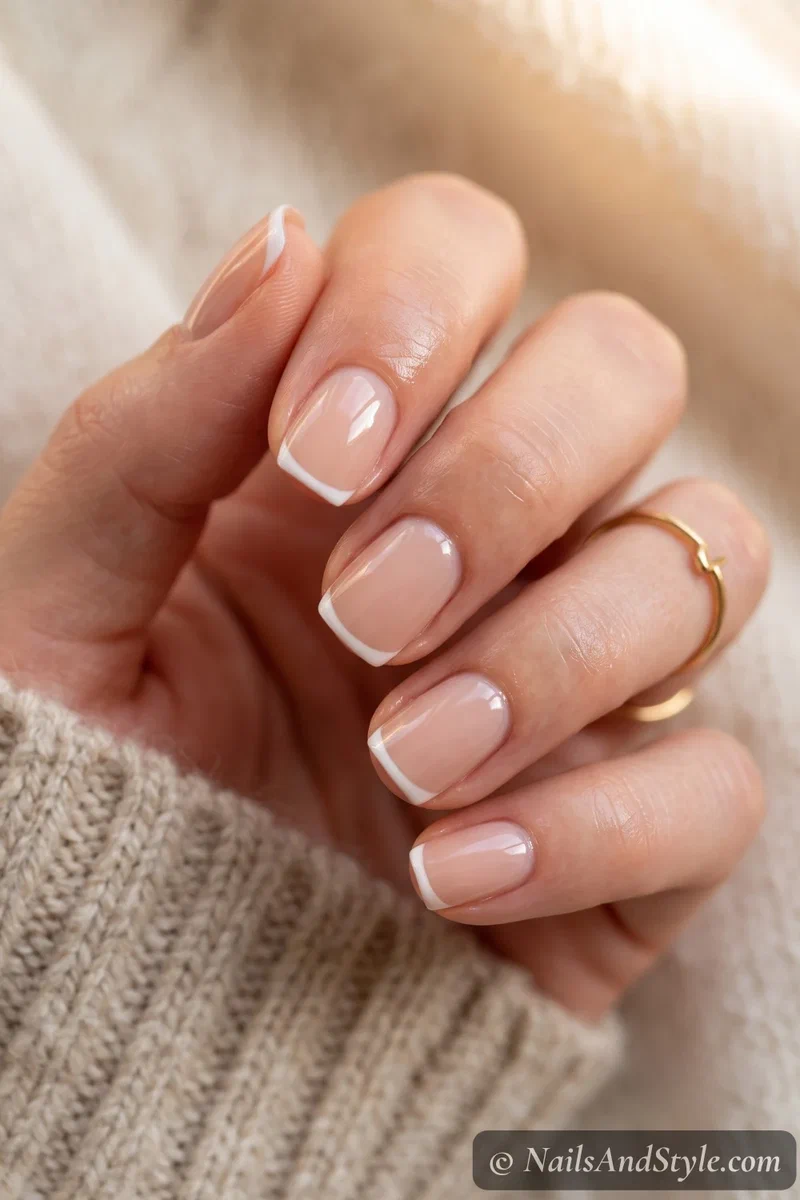 Delicate micro French tips on short natural nails with a thin white line over a nude base, glossy finish