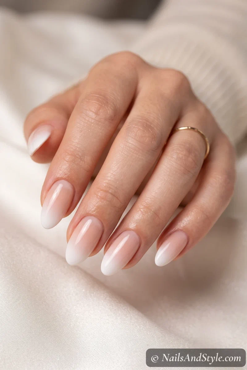 Soft nude and white ombre French tip nails with a gradient fade at the tips, satin glossy finish
