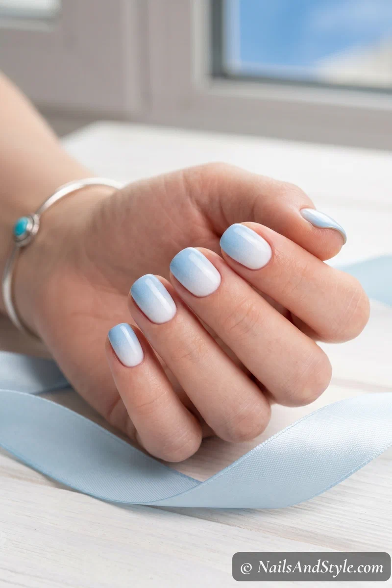 Baby blue to white sponge ombre nails on short round nails