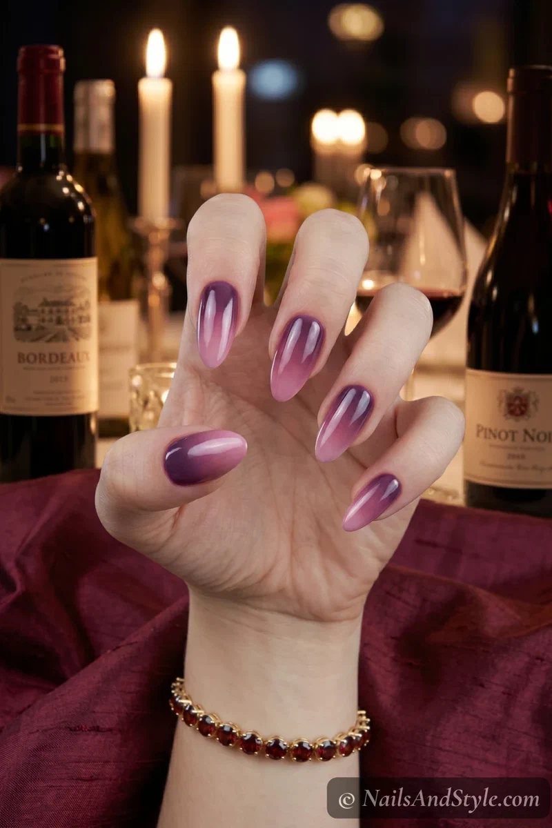 Berry to rose gradient ombre nails with glossy finish on almond nails