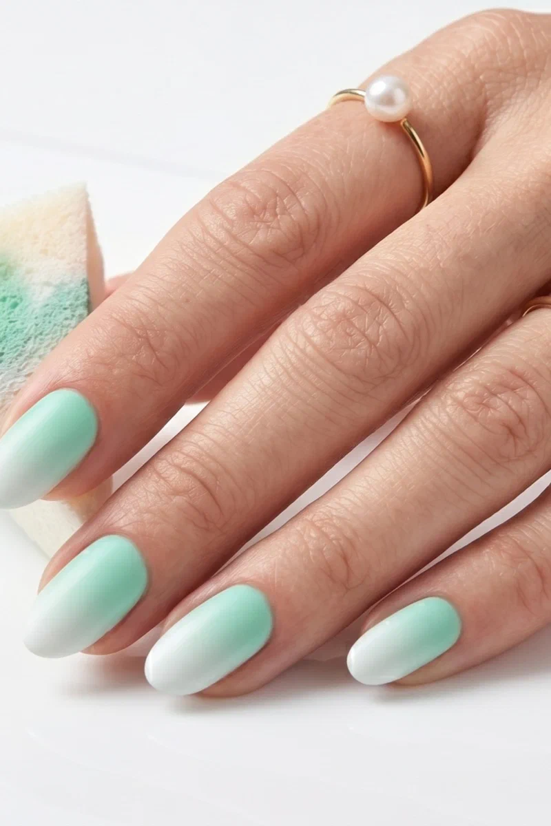 Close-up of mint green to white seamless ombre on oval nails with hand holding a damp makeup sponge