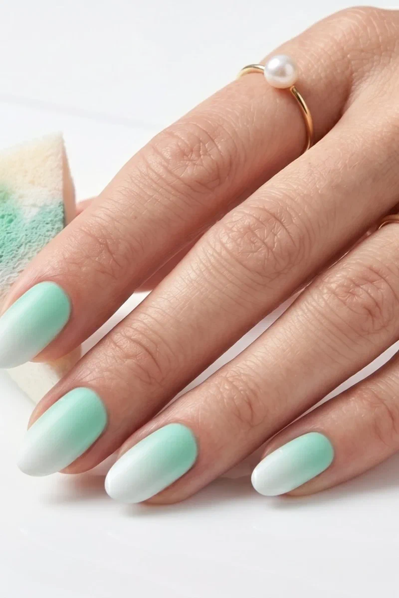 Close-up of mint green to white seamless ombre on oval nails with hand holding a damp makeup sponge