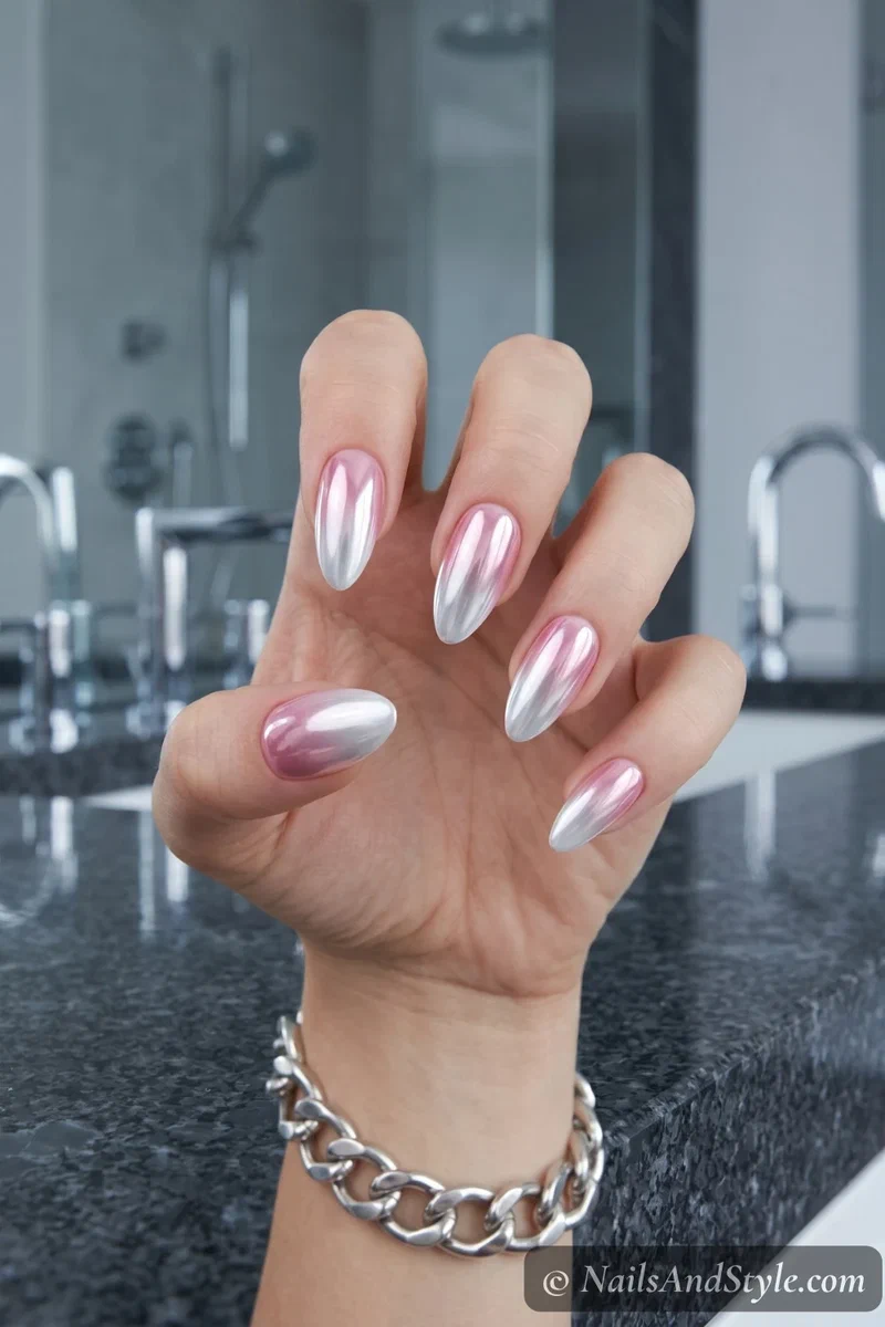 Chrome powder finish over pink to white ombre creating a metallic gradient effect