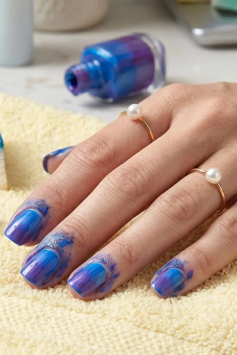 Streaky uneven blue to purple ombre attempt on short square nails with messy sponge and tape on yellow towel